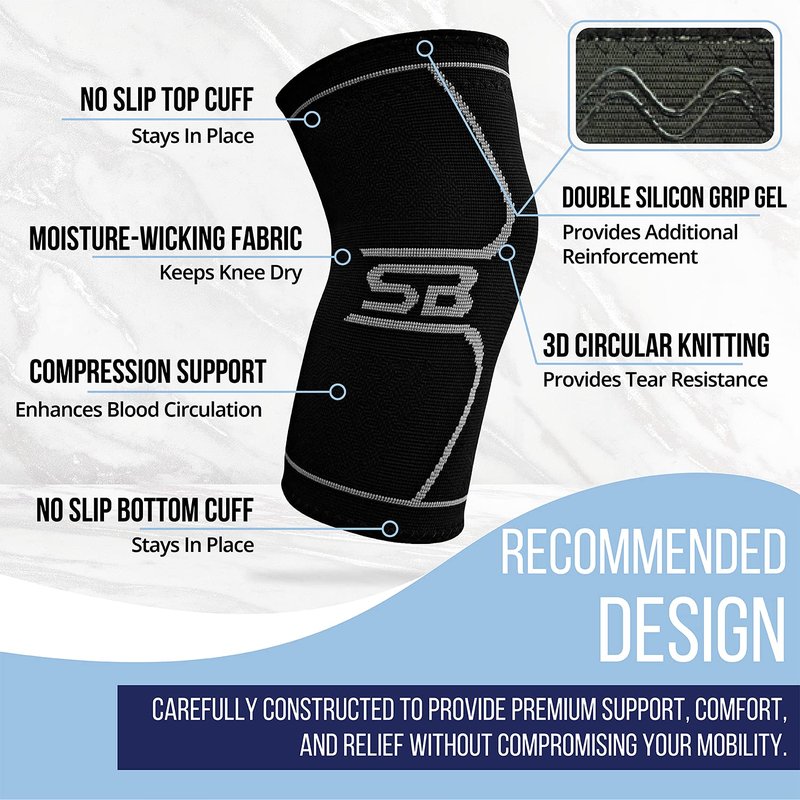 SB SOX Compression Knee Brace - Great Support That Stays in Place - Perfect for Recovery, Everyday Use - Best Treatment for Pain Relief, Meniscus Tear, Arthritis (Black/Gray, Large)