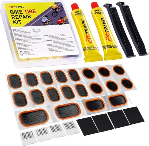 Bike Tire Repair Kit - 20 PCS Vulcanizing Patches, Metal Rasp & Tire Lever for Mountain/Road Bikes