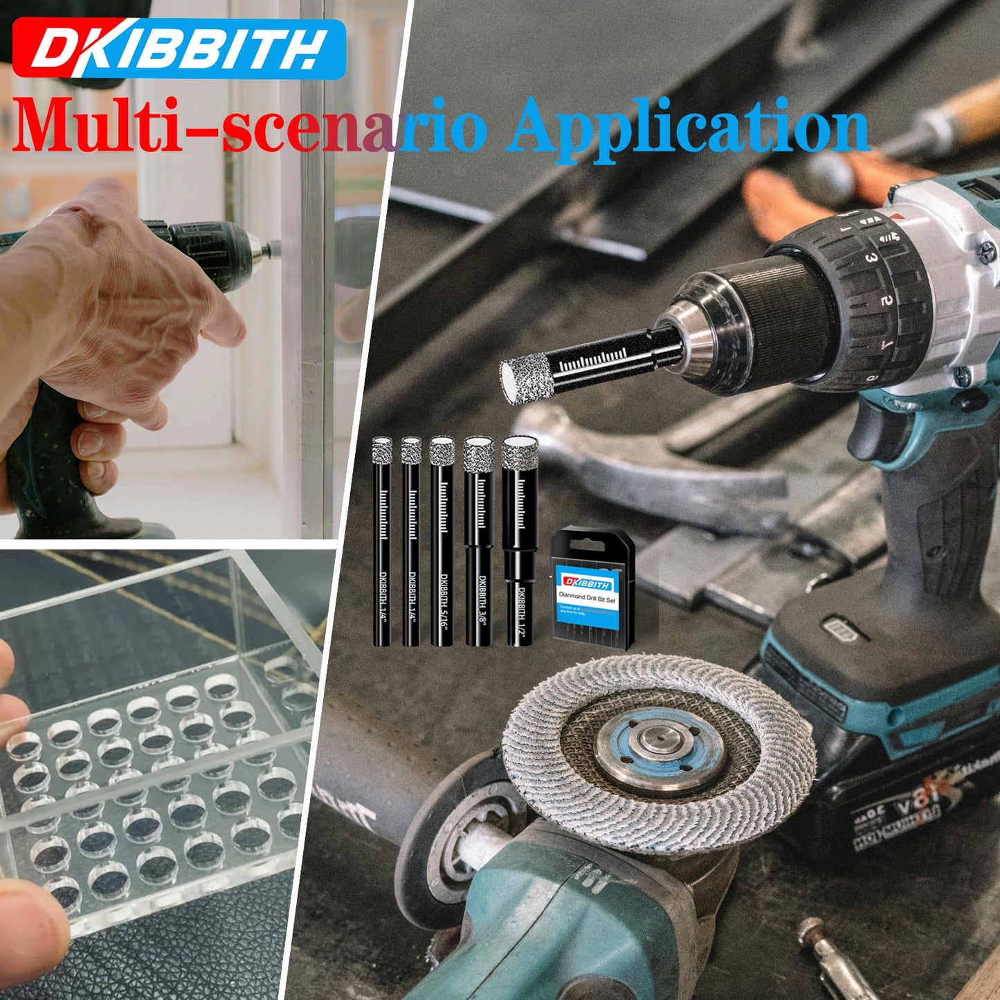 DKIBBITH 7 Pack Dry Diamond Drill Bits & Tile Drill Bits Set for Ceramic, Porcelain, Marble, Granite, Stone, Glass - Round Shank 3/16", 1/4"(x2), 5/16", 3/8", 1/2"+1 Pack Masonry Drill Bit 1/4"