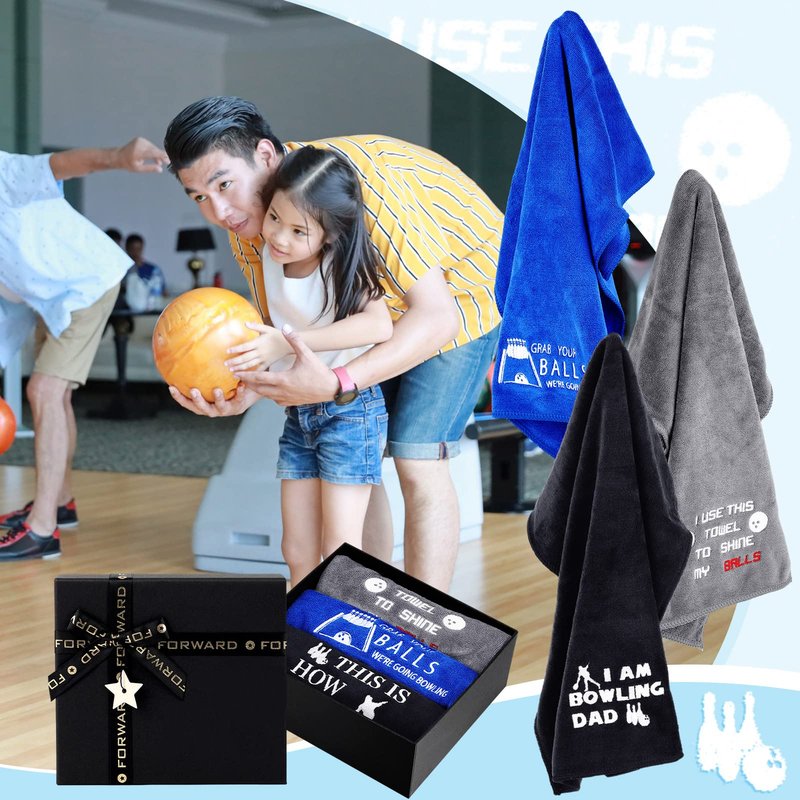 Newwiee 3 Pcs Christmas Funny Bowling Towel with Gift Box, Novelty Embroidered Patterned Bowling Ball Towel Gift Accessories for Men Dad Boyfriend Father's Day Christmas(Black, Blue, Grey,Classic)