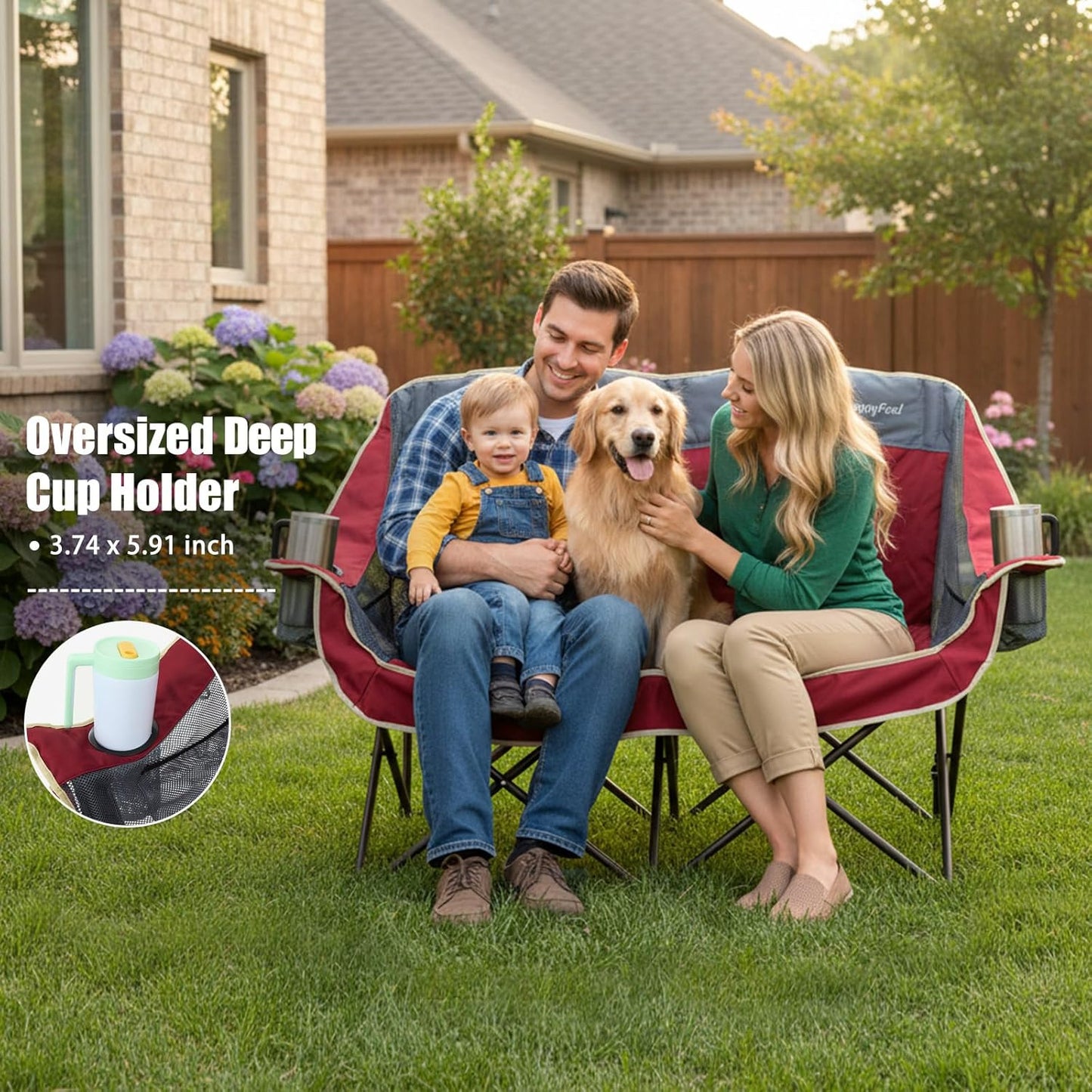 SUNNYFEEL Double Camping Chairs - Heavy Duty Padded Loveseat for 2 | Portable Oversized Couch with Cup Holder - Red