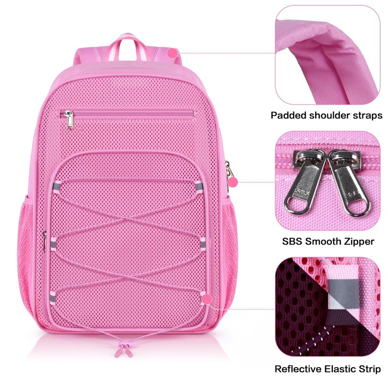 XOAOKO Mesh Backpack Heavy Duty See Through bookbag for College, Transparent Backpack for Beach, Swimming, Sports, Travel-Pink