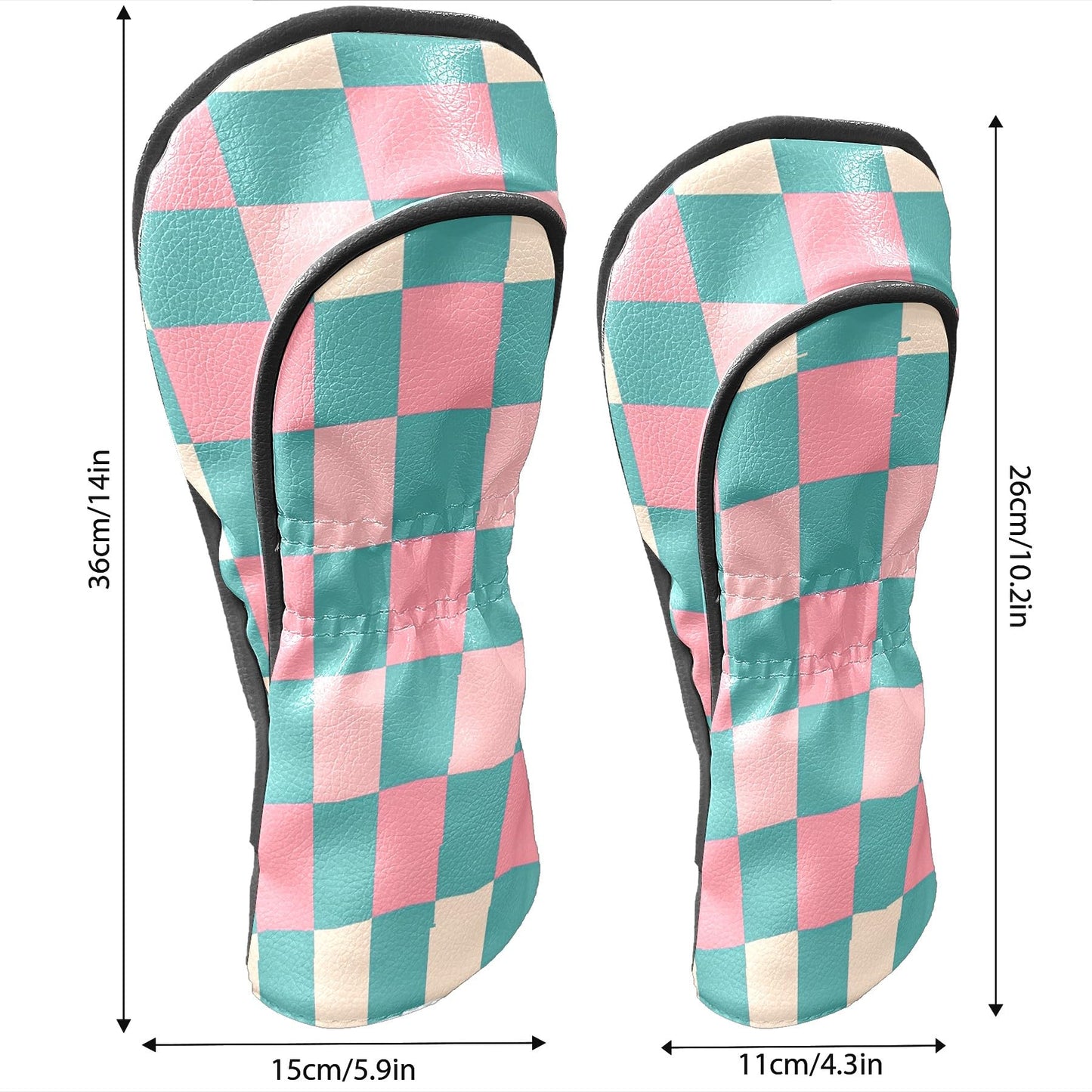 Golf Club Head Covers for Driver and Fairway Woods, Waterproof Leather Headcovers for Golf Clubs, Ideal Golf Accessories Gift for Men Women (Pink and Teal Checkered)
