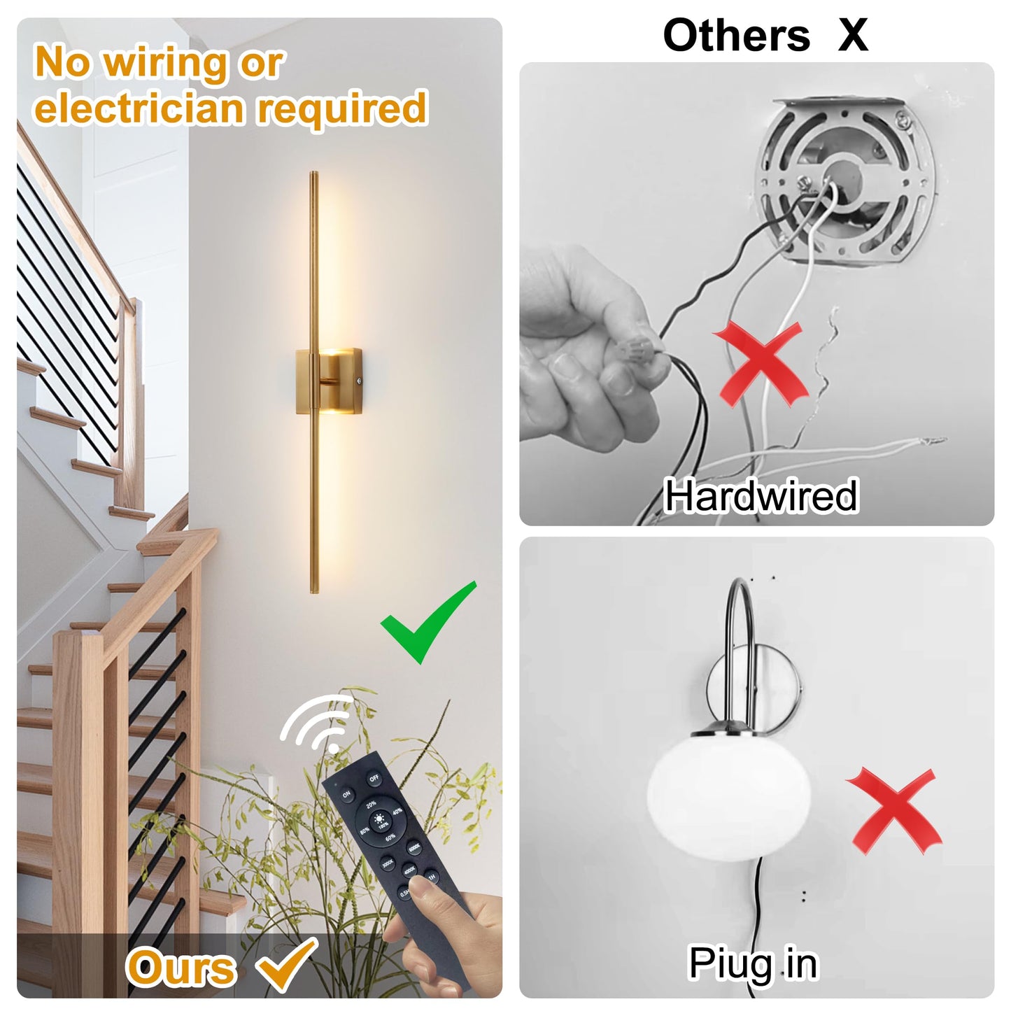 15800 mAh Battery Operated Wall Sconce with Remote Control Dimmable Wall Sconce Set of Two 3000K LED Brass Gold Wireless Wall Light Battery Powered Cordless Rechargeable Sconces Wall Lighting Set of 2