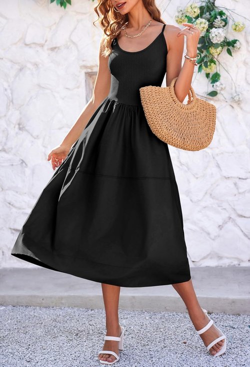 Fisoew Women's Spaghetti Strap A-Line Dress - V Neck Backless Summer Cami with Pocket