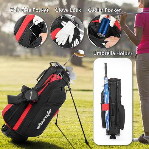 Golf Stand Bag Nylon Lightweight 14 Way Divider 6 Zipperd Pockets Golf Club Bag with Handle Rain Cover Dual Shoulder Straps Golf Towel for Men and Women(RED)
