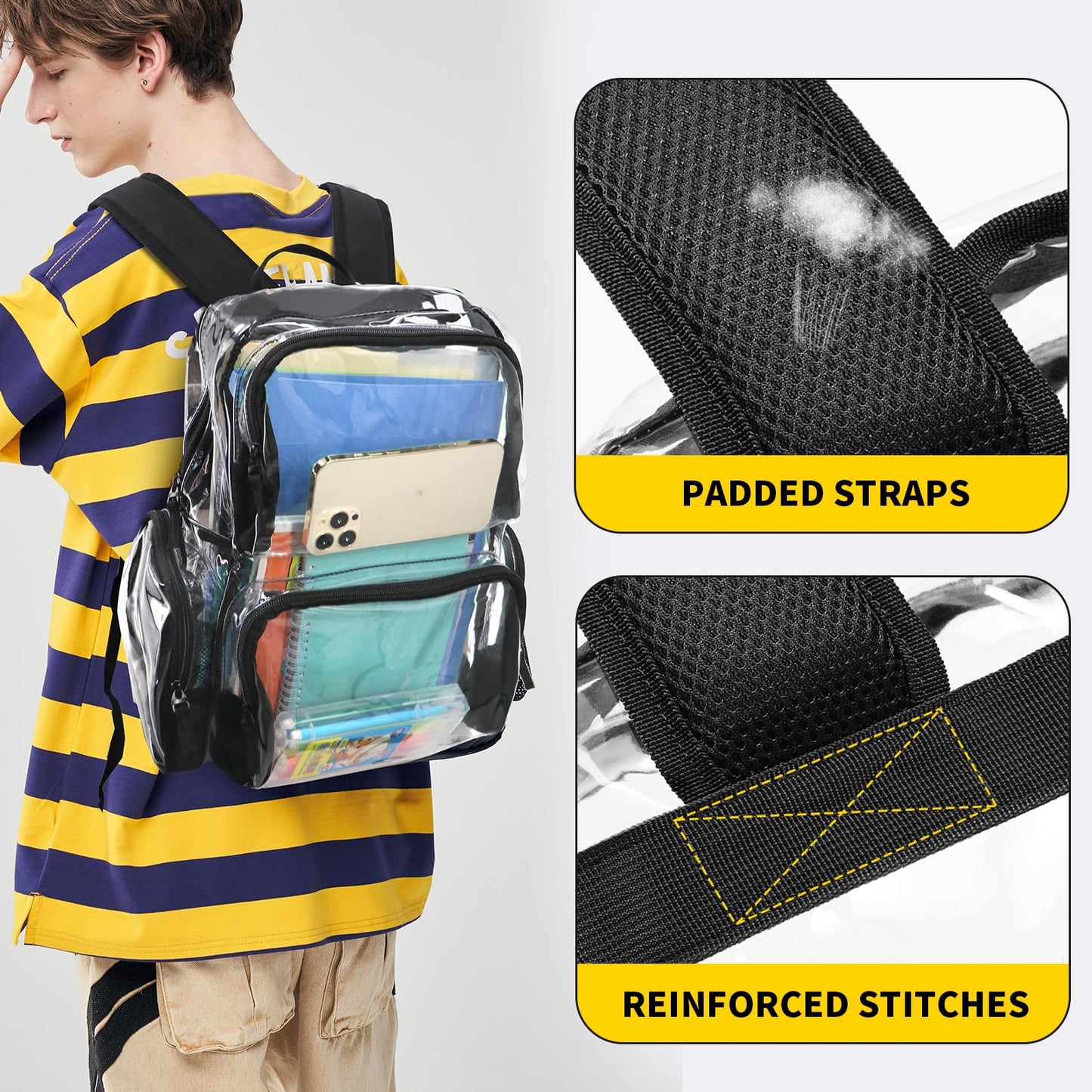 Vorspack Heavy Duty Clear Backpack, Extra Large Transparent Bookbag, Black