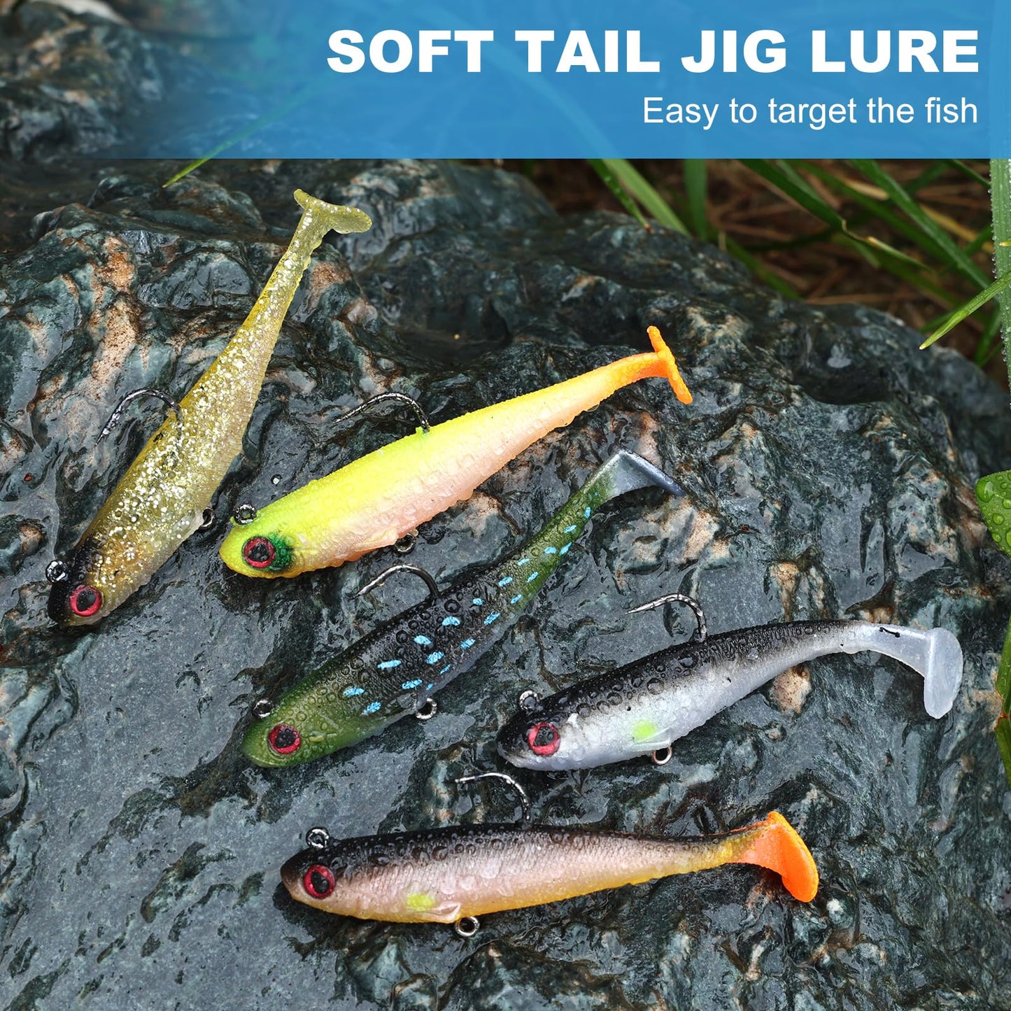 Gibtikoy 5 Pcs Pre-Rigged Soft Fishing Lures, 3.5In Paddle Tail Jig Heads Swim Bait, Realistic Movement Easy Catch Fishing jigs Lure, Fishing Baits for Freshwater Saltwater Bass Trout Baits
