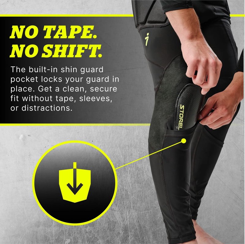 Storelli BodyShield GK Goalkeeper Leggings – Full-Length Impact Protection with SABR-Tex Knees, Hip & Thigh Padding – Turf-Ready Compression Pants with Shin Guard Pockets, Black, Medium