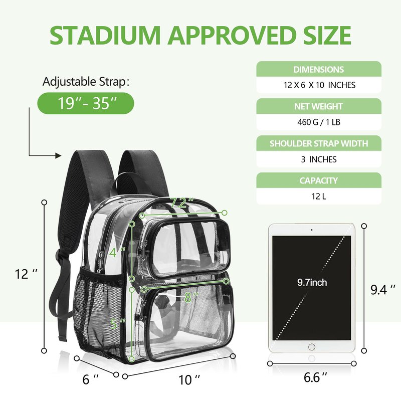 MAY TREE Clear Backpack Stadium Approved, 12x10x6 Inches Small Clear Bag with Padded Straps for Stadium Events, Concert, and Work, Black
