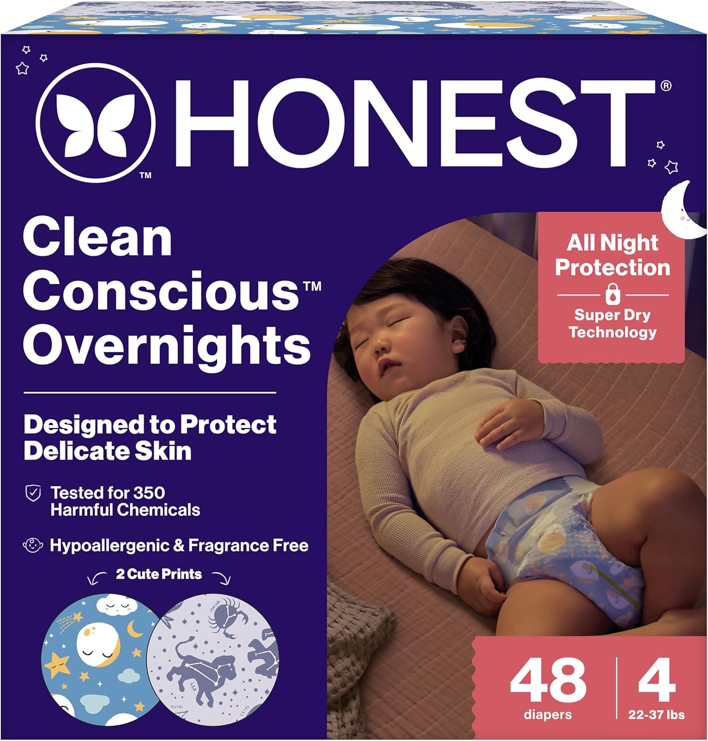The Honest Company Overnight Diapers - Hypoallergenic Comfort, Cozy Cloud + Star Signs | Size 4 (22-37 lbs), 48 Count