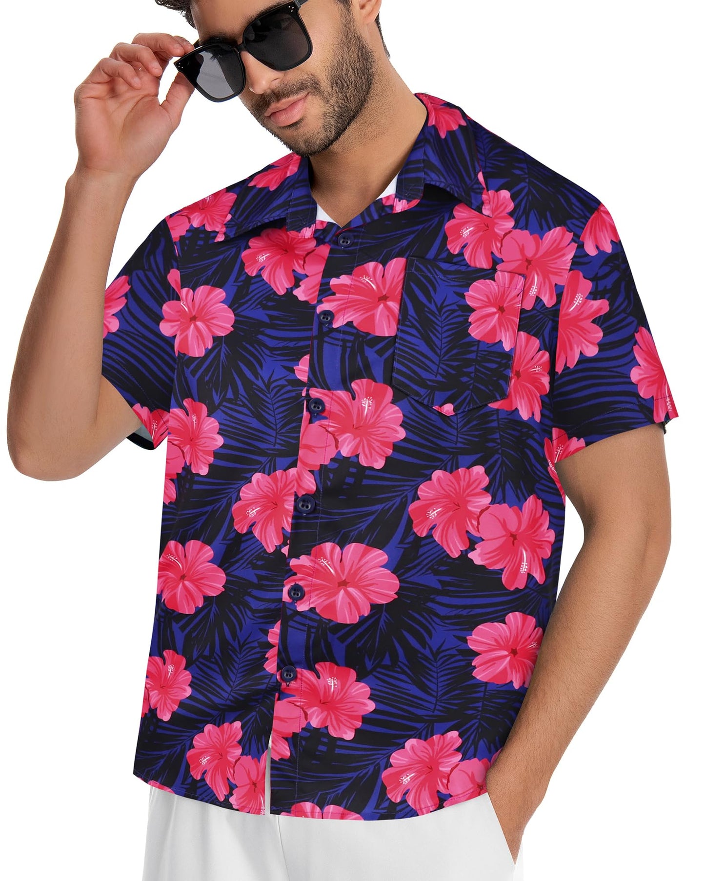 Mens Hawaiian Shirt Short Sleeve Summer Beach Casual Tops Button Down T Shirts with Pocket(Pink Navy Floral,XL)