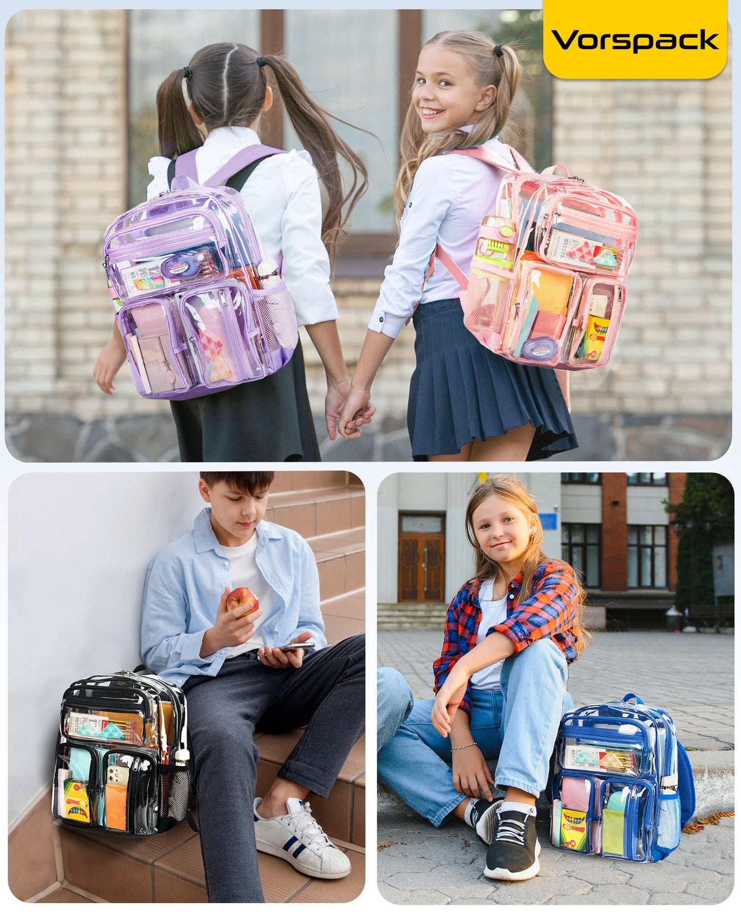 Vorspack Clear Backpack Heavy Duty - See Through Bookbag for Girls Boys Large Transparent Backpacks for Work, Travel, Festival - Purple