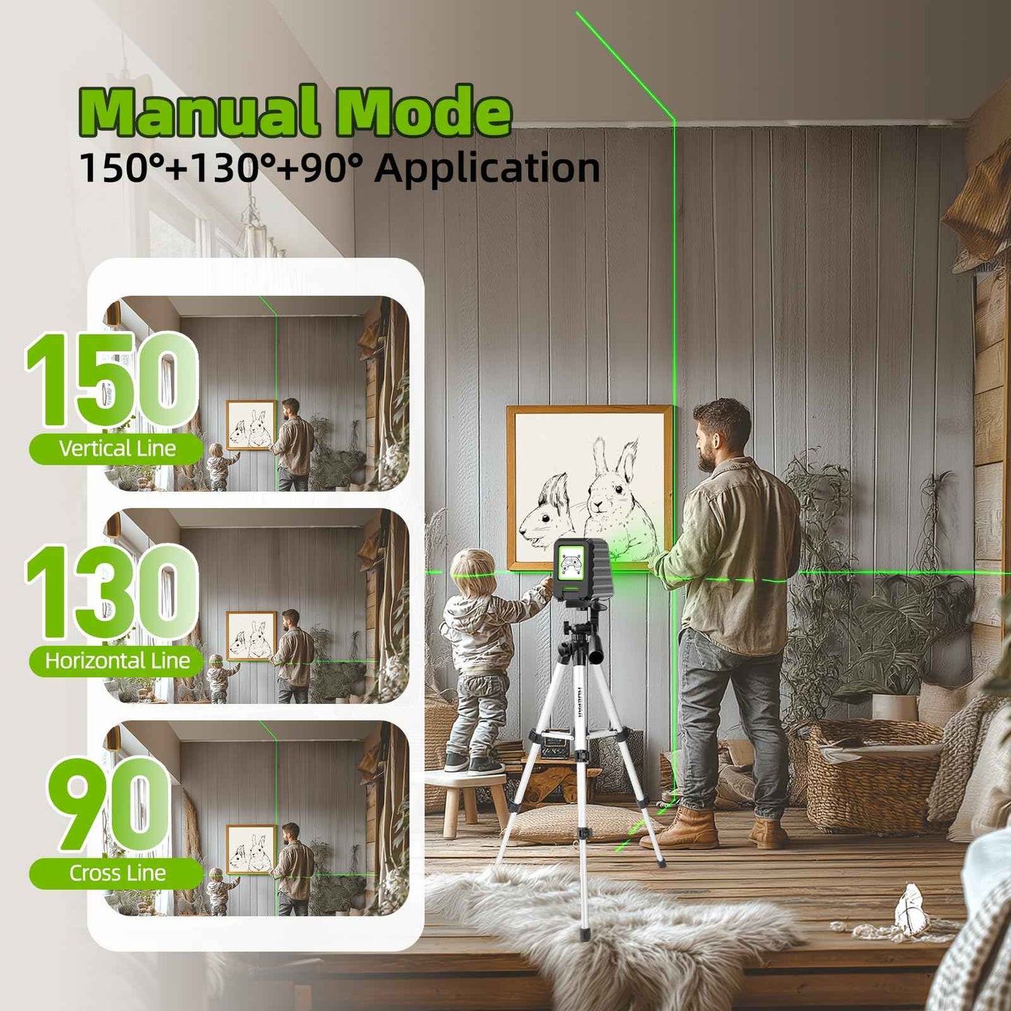 Laser Level with 26in Tripod, Huepar 150°/150Ft Self Leveling Lazer Leveler Tool with Pulse Mode (197Ft), Switchable Green Cross Line for Picture Hanging, Tile, DIY/Construction Project