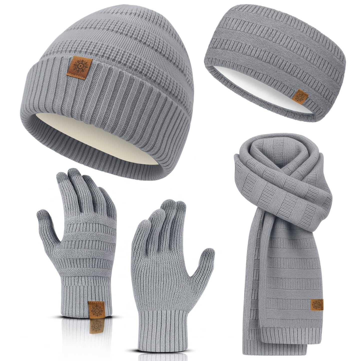 Winter Beanie Hat Scarf Gloves Headband Set – Knit Beanie, Warm Scarf, Touchscreen Gloves & Ear Warmer, Cozy Gift for Women & Men