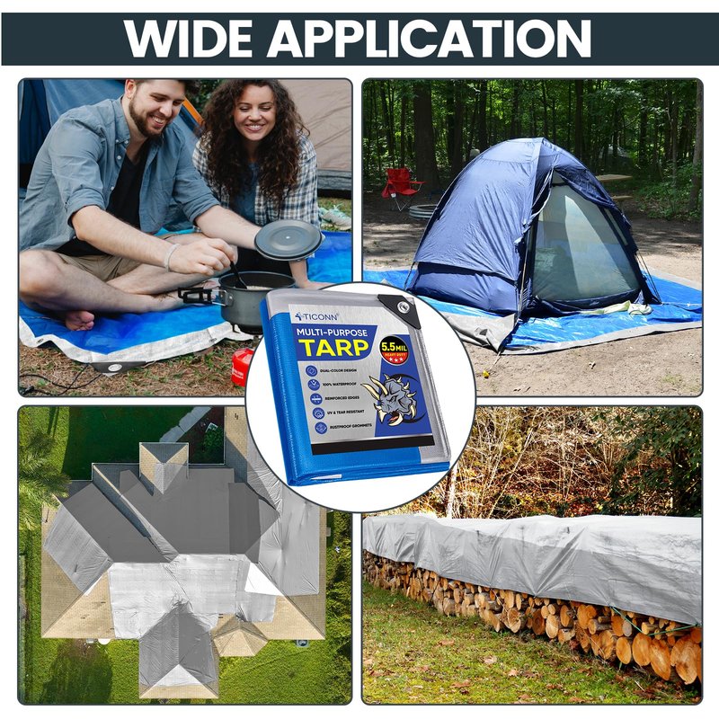 TICONN Heavy Duty Tarp Cover, Extra Thick Tarps Waterproof Tear and Rip Proof UV Resistant Tarpaulin with Reinforced Grommets and Edges (5.5 Mil/2PK, 8'x10')