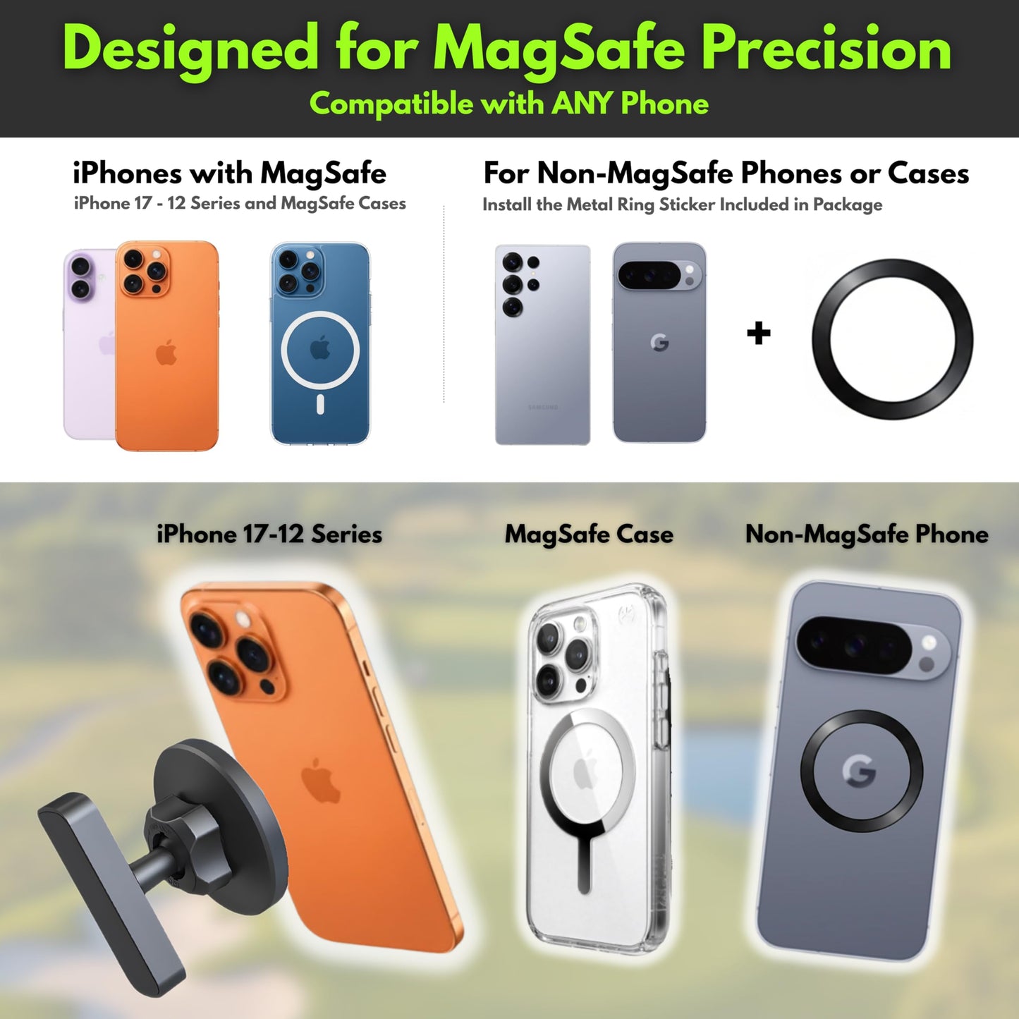 FLYTD Magnetic Golf Cart Phone Holder - Premium Matte Design, Ultra Strong N52 Magnets, MagSafe Compatible iPhone 17-12, Golf Cart Accessories, Gift for Golfers
