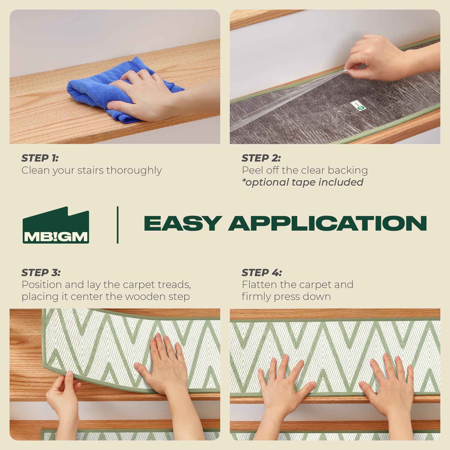 MBIGM 8" X 30" (15 in Pack) Non-Slip Carpet Stair Treads Non-Skid Safety Rug Slip Resistant Indoor Runner for Kids Elders & Pets with Reusable Adhesive - Ripple Green