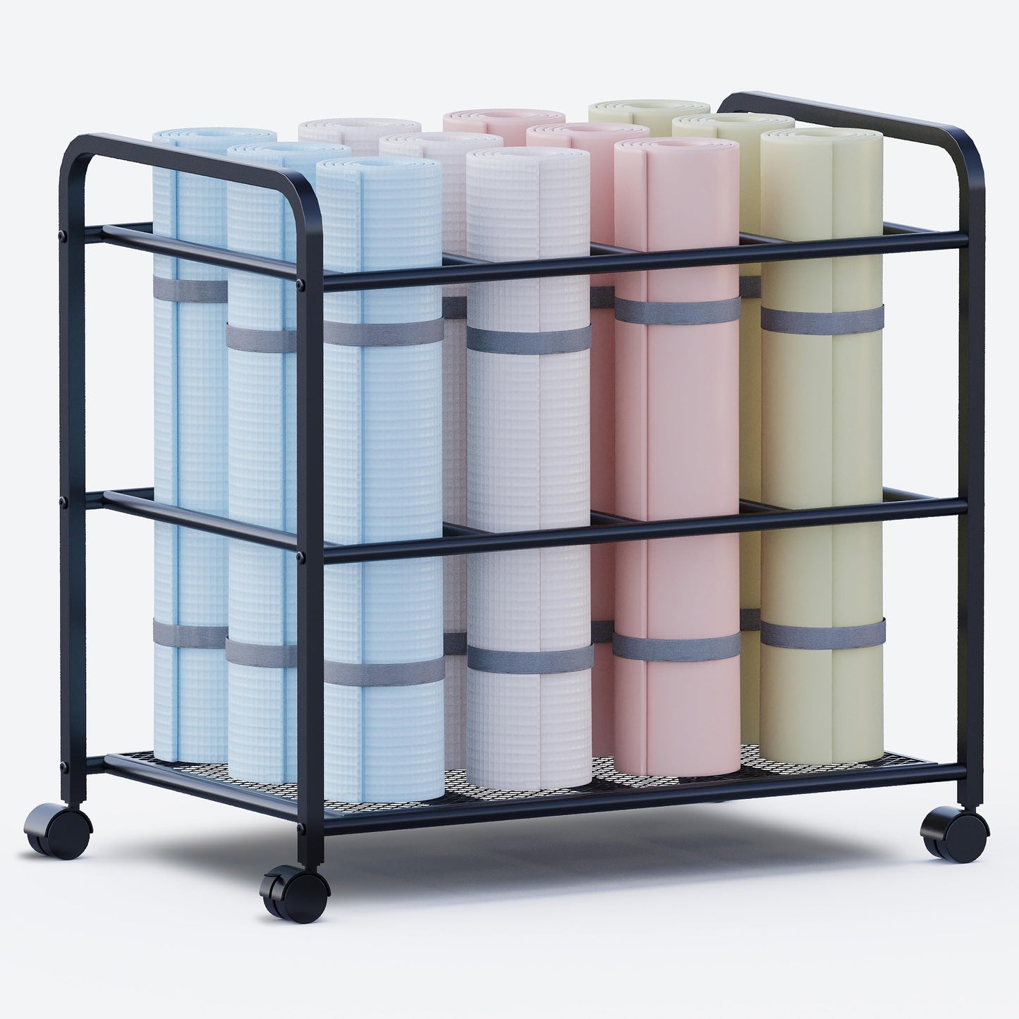 Lutown-Teen Yoga Mat Storage Rack with Wheels, Yoga Mat Rack for Fitness Class, Home, Gym, Workout Room, Home Gym Storage with Rounded Corners, Large-Capacity, Easy Assembly, Black