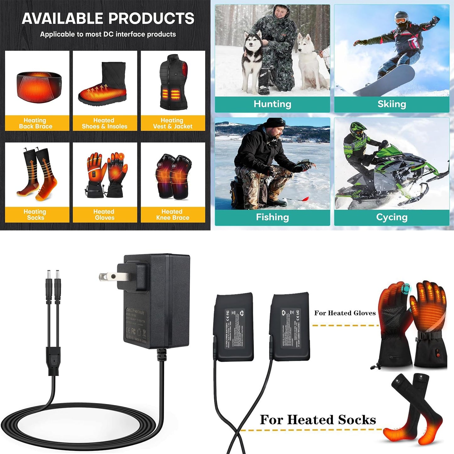 lojiraz 7.4V Rechargeable Battery Charger for Heated Glove 7.4V Li-Polymer Battery, Compatible with Savior Snow Deer Sun Will Ororo Heated Gloves, Heated Socks,Heated Vest Battery Charger