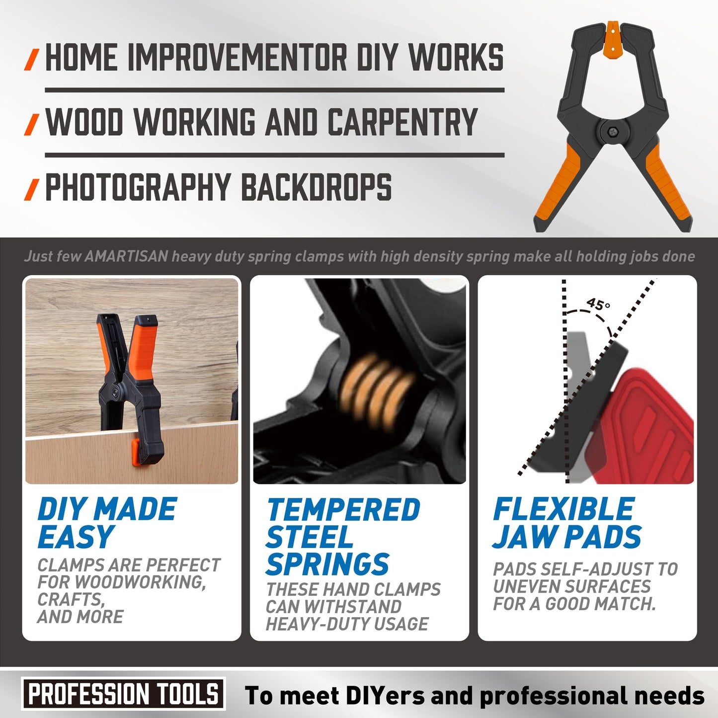 AMARTISAN 6 inch Spring Clamps Heavy Duty, 4-Pack Large Clamps for Woodworking Work, Fixing Backgrounds, and Photography DIY, Among Others. 3.35 Inch Mouth Opening.