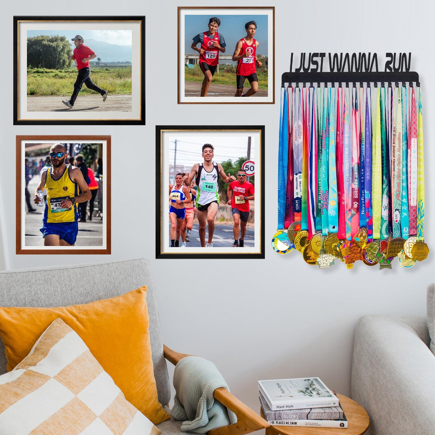 Goutoports Personalized Medal Hanger Display Rack - I Just Wanna Run - Metal Sports Race Plaques Holder for Wall Hold Up 60 Medal Award Track & Field Accessories for Running Soccer Athlete Boy Girl