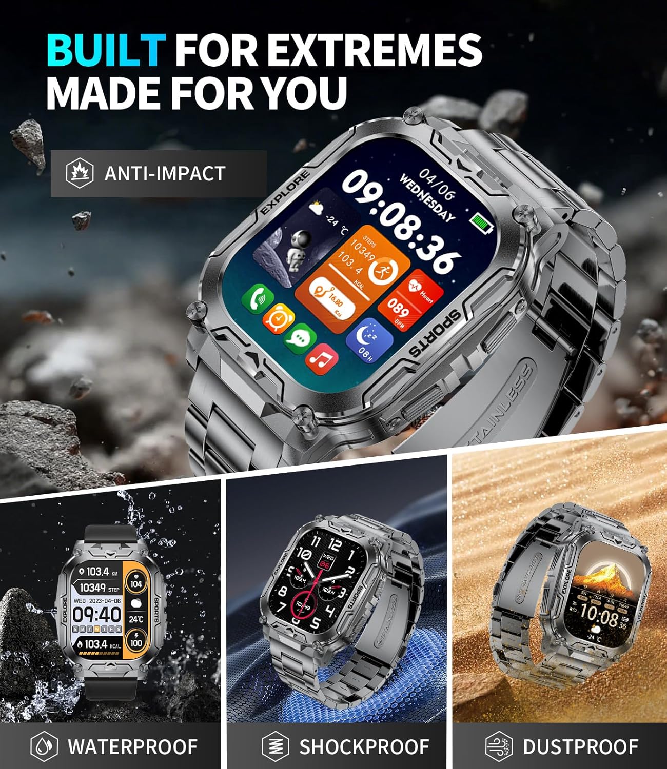 TX12 Smart Watch - Military Fitness Tracker with 100+ Sports Modes | 2.01'' HD Display, IP68 Waterproof, Black