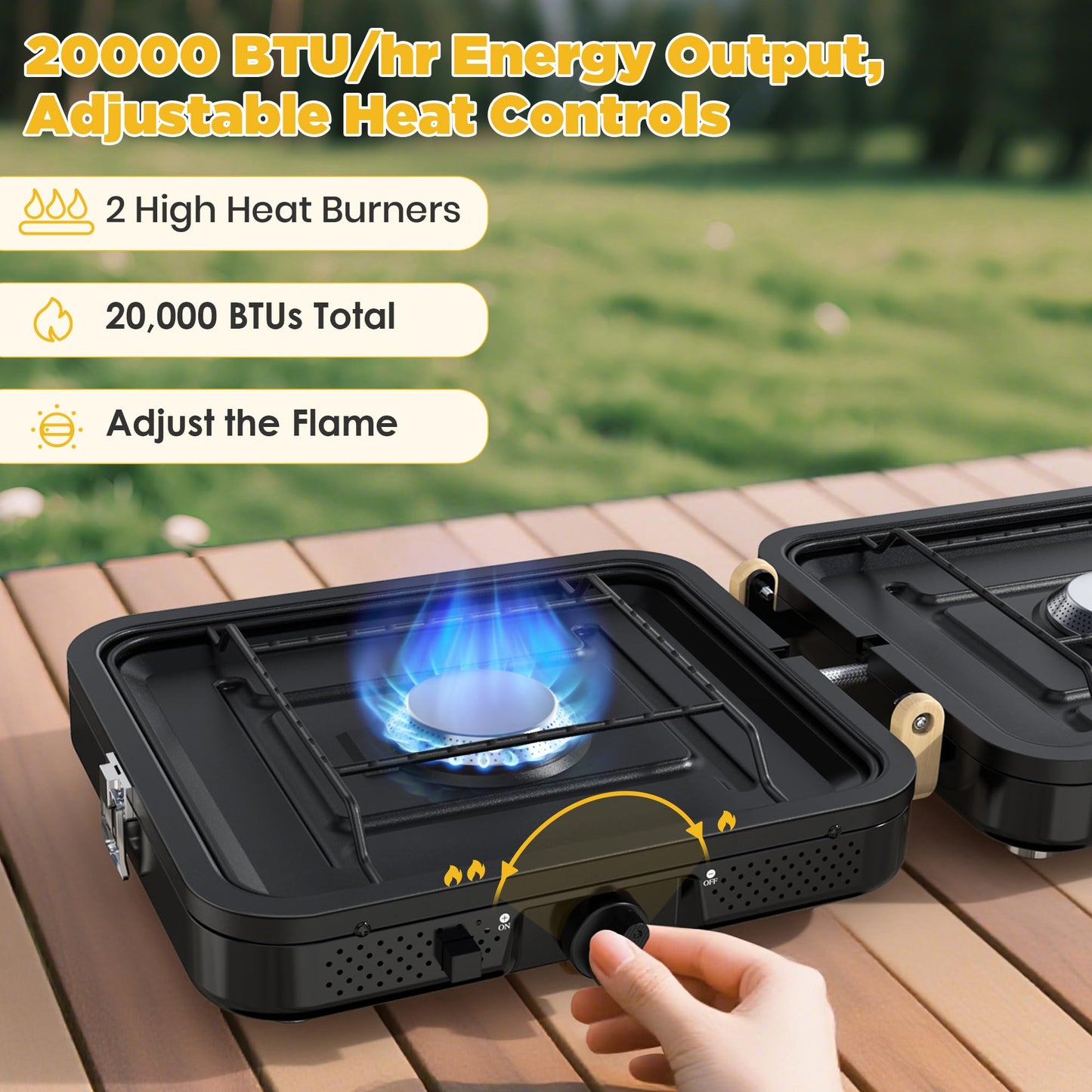 Camping Propane Stove 2 Burner 20000 BTU, Portable Folding Propane Stove with Carrying Bag, Adjustable High Heat Burners & Piezo Push-Button Instant Ignition,Outdoor Tailgating BBQ Camping Essentials