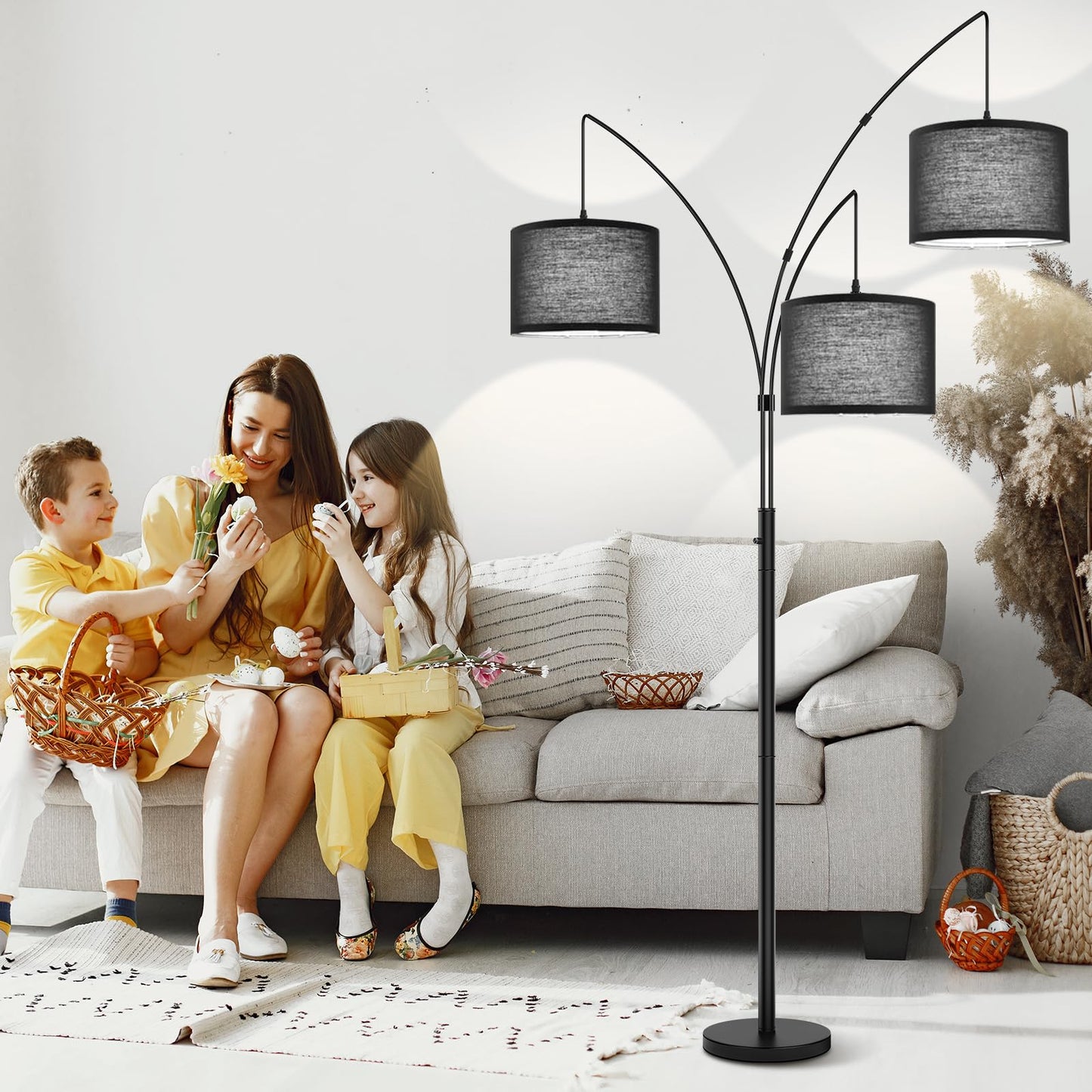 3 Lights Arc Floor Lamps for Living Room, Black Modern Tall Standing Lamp Hanging Over The Couch with Shades & Heavy Base,Mid Century Tree Floor Lamp for Bedroom Office