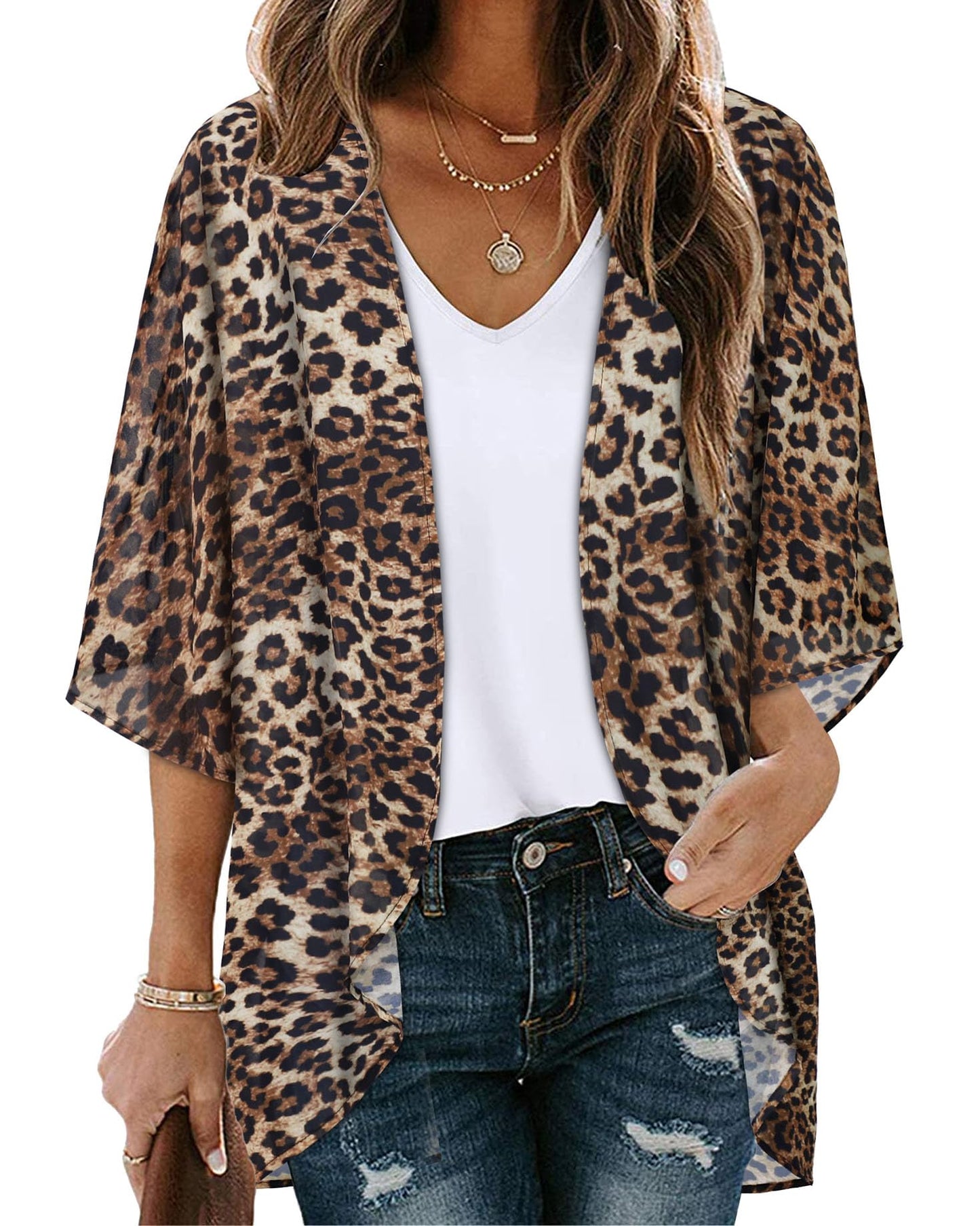 Women's Floral Kimono Print Puff Sleeve Loose Cardigan Cover Up Casual Blouse Tops (Leopard Print, S)