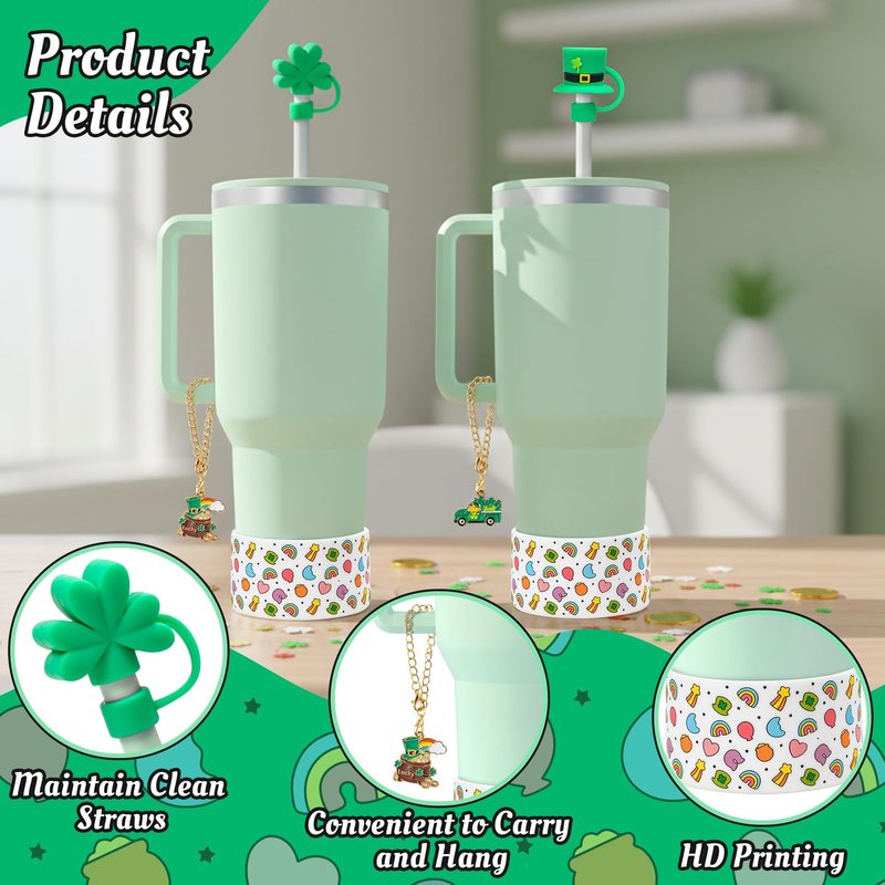 QIMGIC St. Patrick's Day Cup Accessories - 6pcs Shamrock Silicone Boot with Straw Cover Clover Handle Charm Compatible with 30 oz 40 oz Tumblers, Green Decor Gifts for Girls Women Irish Day Party