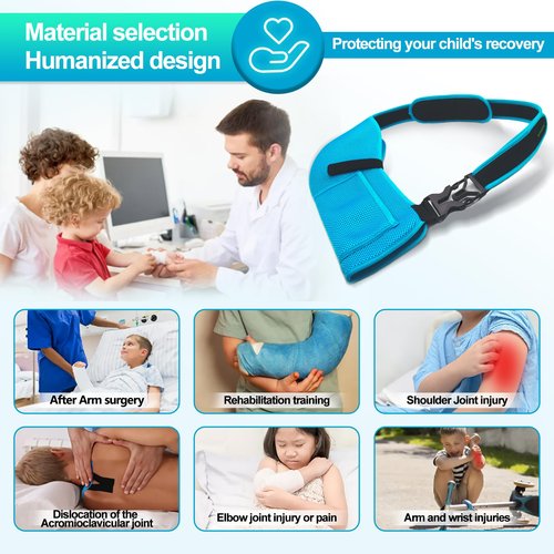 KONSEDIK Arm Sling for Kids - Adjustable Breathable Shoulder Immobilizer with Pockets,Supports Rotator Cuff Injury,Wrist,Elbow,Clavicle Fracture Recovery,Post-Surgery Sling for Left or Right Arm(Blue,X-Small)