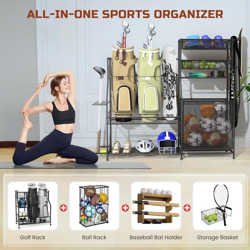 Garage Sports Equipment Organizer - Heavy-Duty Golf Bag Storage Stand with Basket & Hooks | Space-Saving Design for Indoor/Outdoor Use