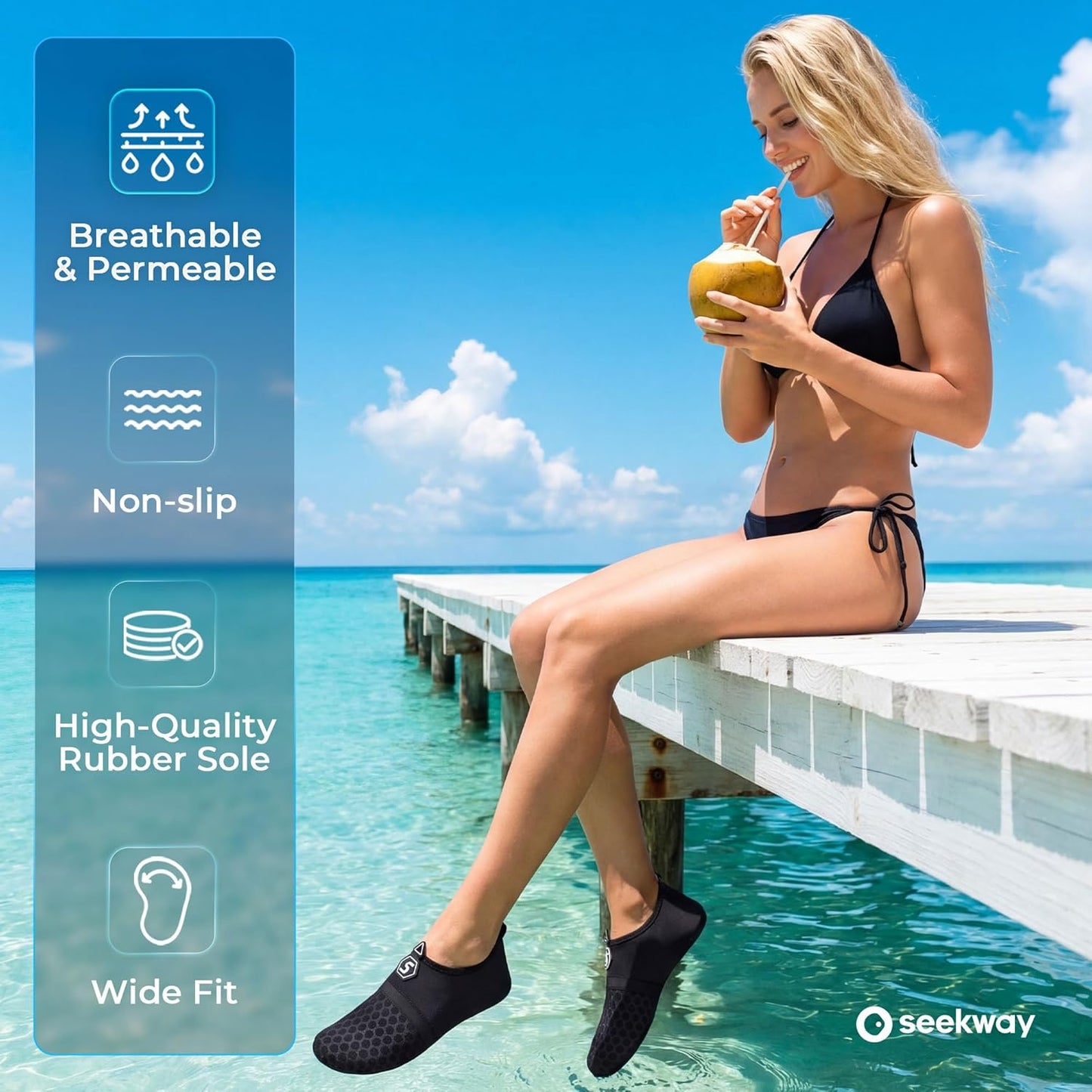 SEEKWAY Water Shoes - Quick-Dry Aqua Socks for Beach, Pool, Swim & Yoga | Unisex Black SK001