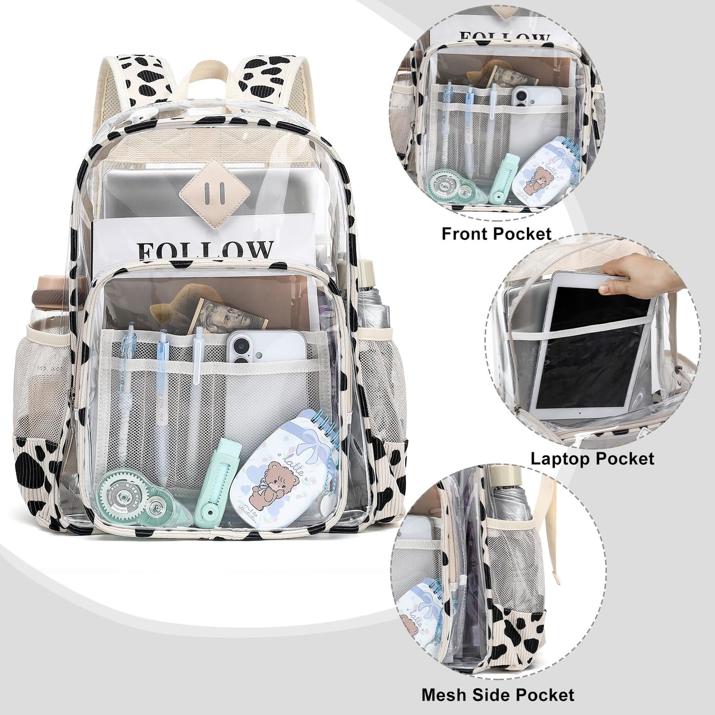 Xunteny Clear Backpack for Girls Women School Bookbag Heavy Duty Transparent Backpacks (Corduroy Cow Print Black)