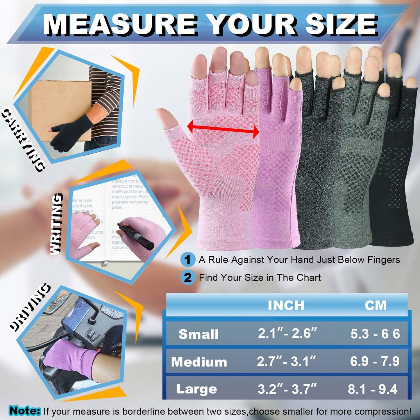 Kecartu 2 Pairs Compression Gloves for Rheumatoid Arthritis, Osteoarthritis, Carpal Tunnel Pain, Fingerless Arthritis Hand Gloves for Women Men Support Work&Computer Typing (Pink+Purple, Medium)