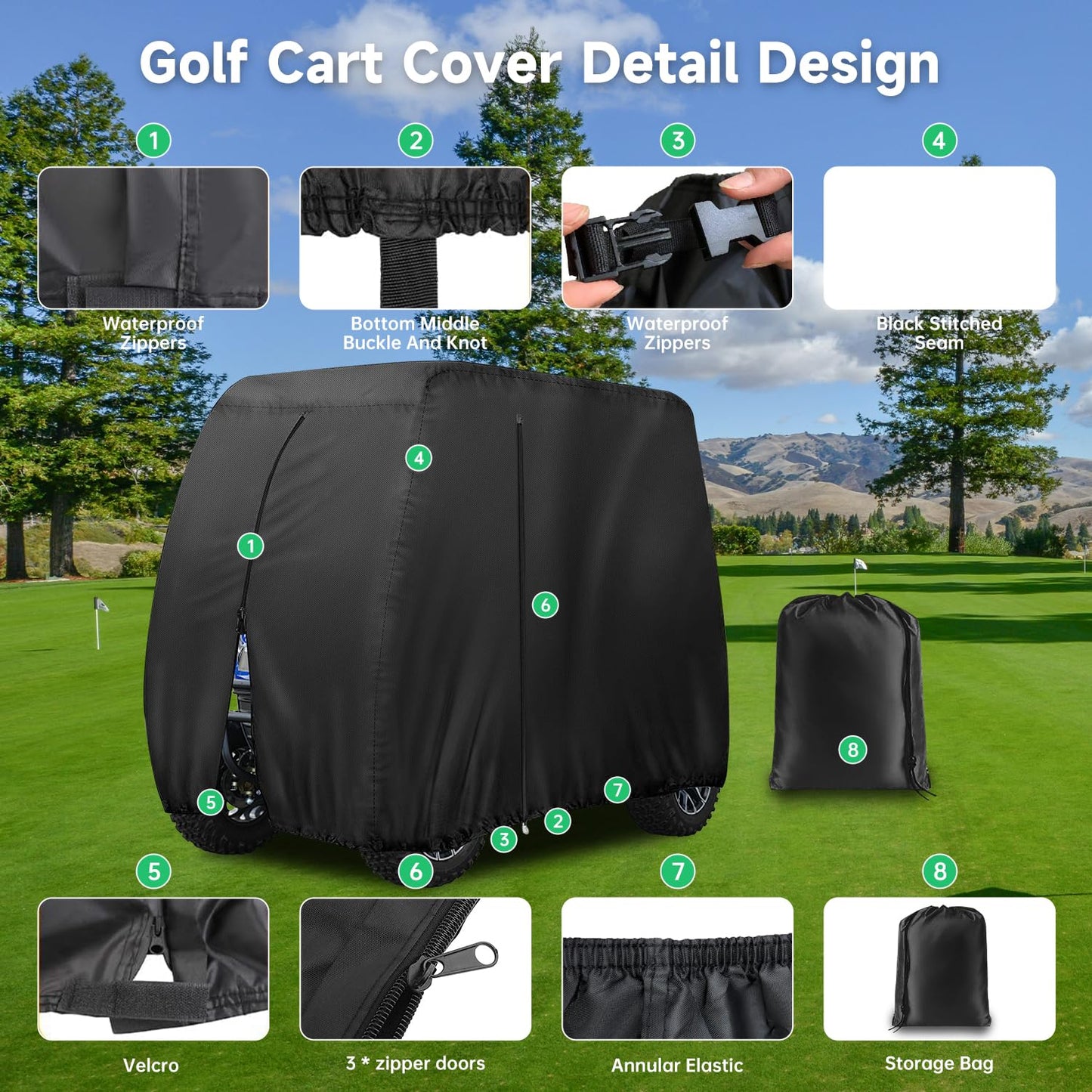 2/4/4+2 Passenger Golf Cart Cover Fits for Yamaha EZGO Club Car, 420D Waterproof Durable Polyester Golf Cart Cover with Three Zipper Doors Windproof Sunproof