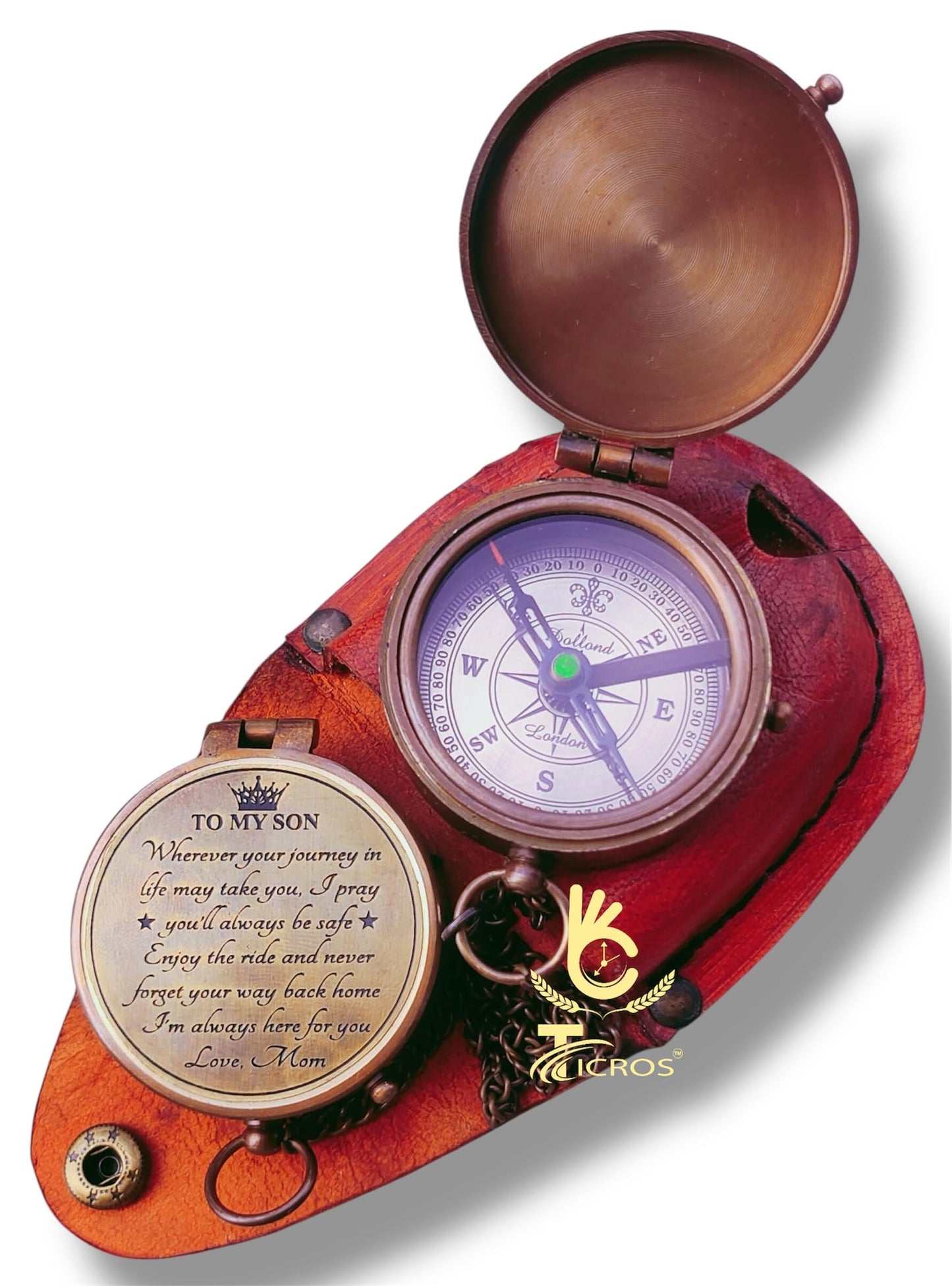 ''to My Son'' Love Mom to Son – Vintage Brass Pocket Compass with Leather Case, Gift for Son, Mom to Son Gift, Graduation Gift, Guidance Gift, Special Son Gift, Birthday Gift