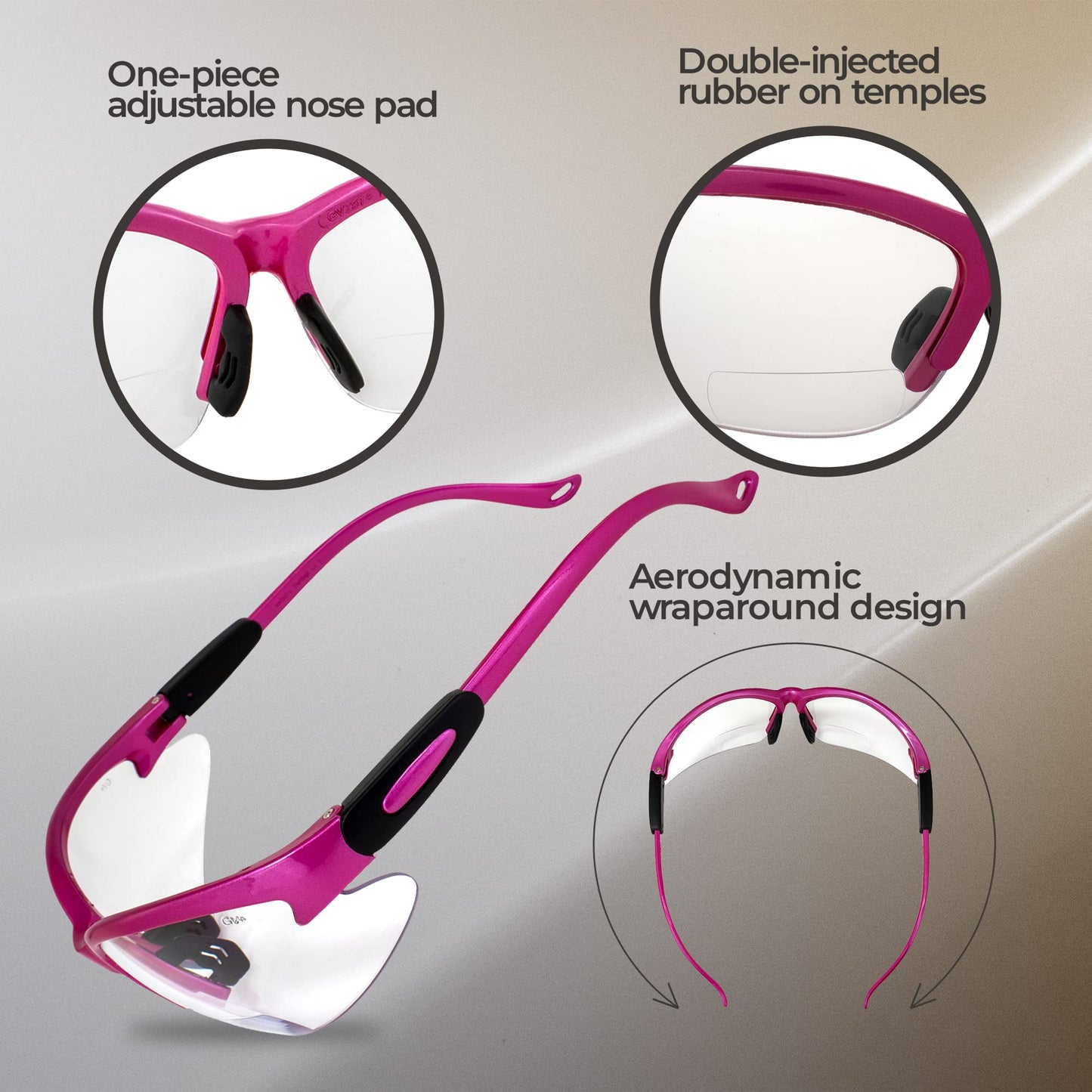 Global Vision Cougar Womens Safety Glasses Hot Pink Frame w/Clear 1.5 Bifocal Lens