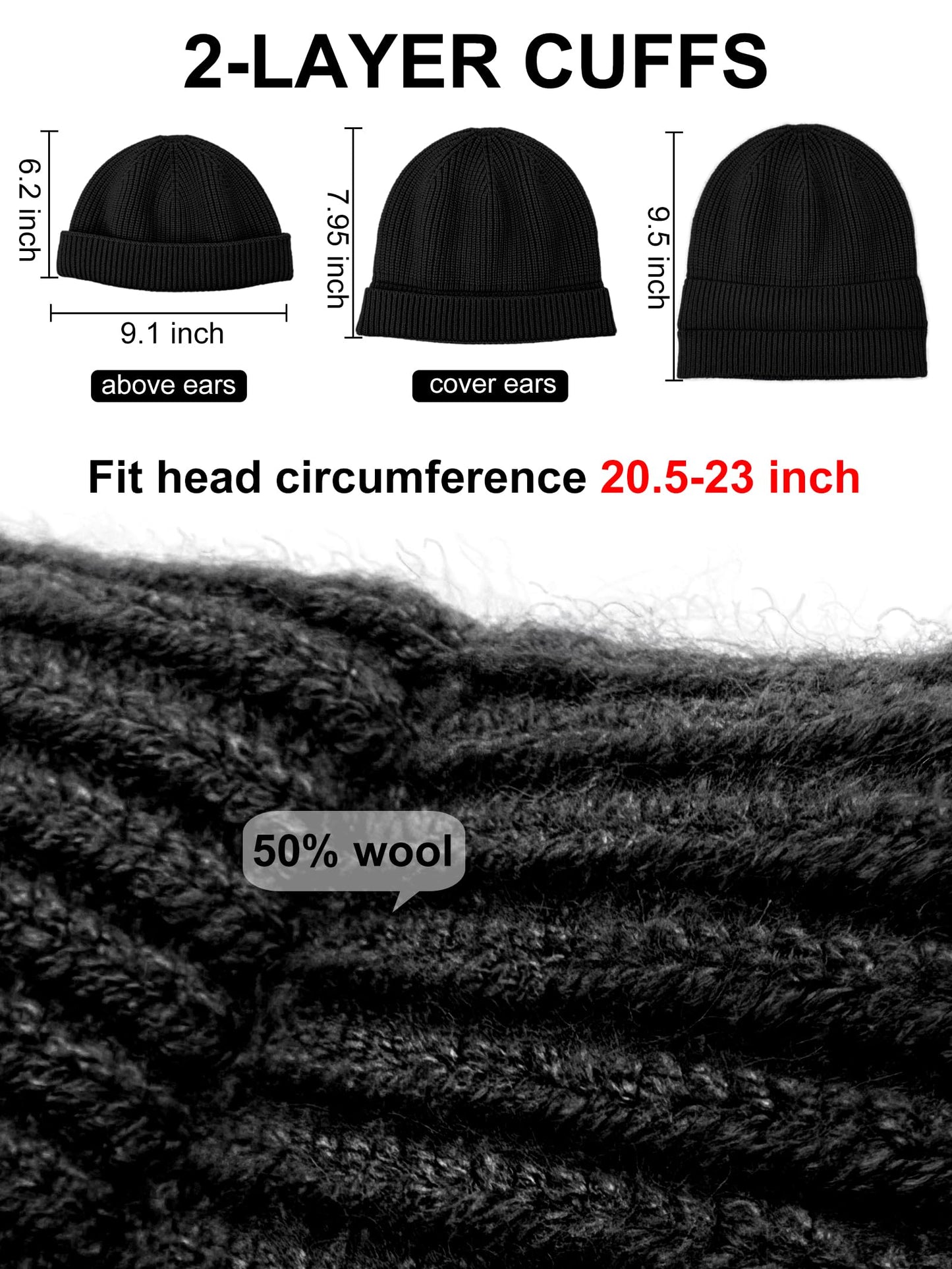 vidsel Thin Wool Fisherman Beanie Hat for Men Women Fall Winter,Short Knit Cuffed Fashion Trawler Skull Cap,Watch Cap,Black