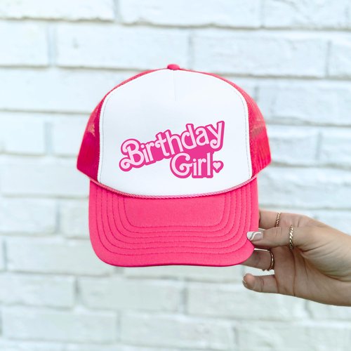 Birthday Girl Heart Hat for Women and Teens Trendy Pink Girly Adult Classic 5 Panel Mesh Snapback White/Neon Pink Trucker Hat