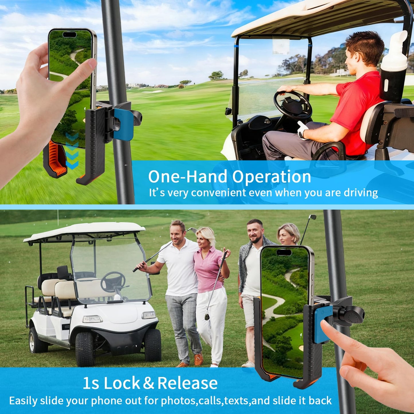 Loxnzify Golf Cart Phone Holder Mount-360° Rotation,Ultra-Stable Grip for All Phones, No Metal Needed,Includes Sunglasses Holder for Golf Cart,Perfect for Outdoor Sports (Black＆Orang)