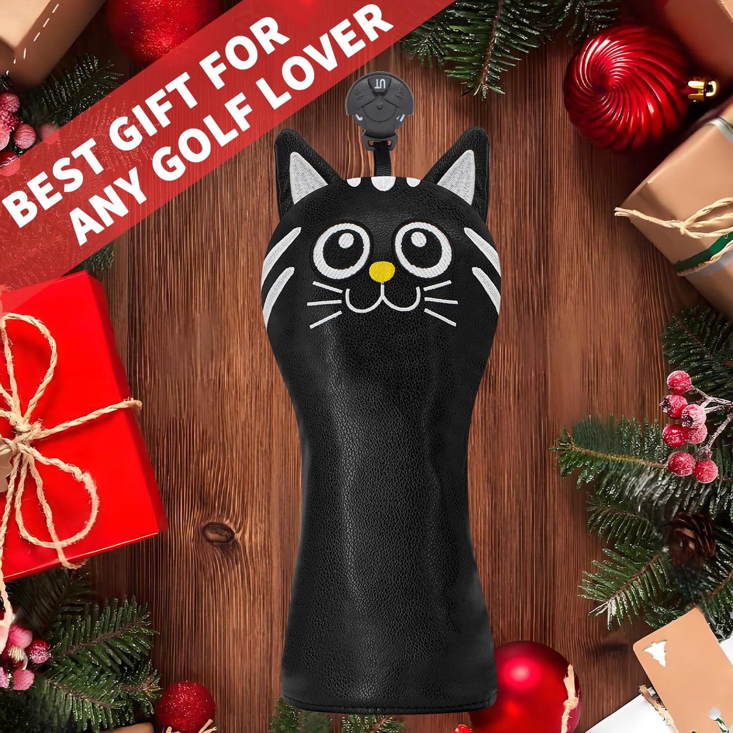 Golf Kitty Head Cover Golf Club Black Leather Headcovers Set Fits Driver Fairway Wood Hybrid Utility Putter Iron Wedge Headcover.