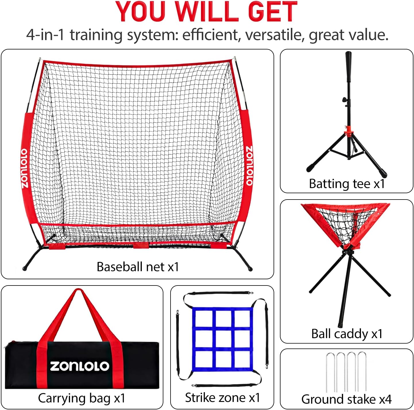 Skiennix Portable Baseball & Softball Net - Sturdy Bow Frame with Batting Tee & Ball Caddy | 6x6ft Size, Ideal for Kids