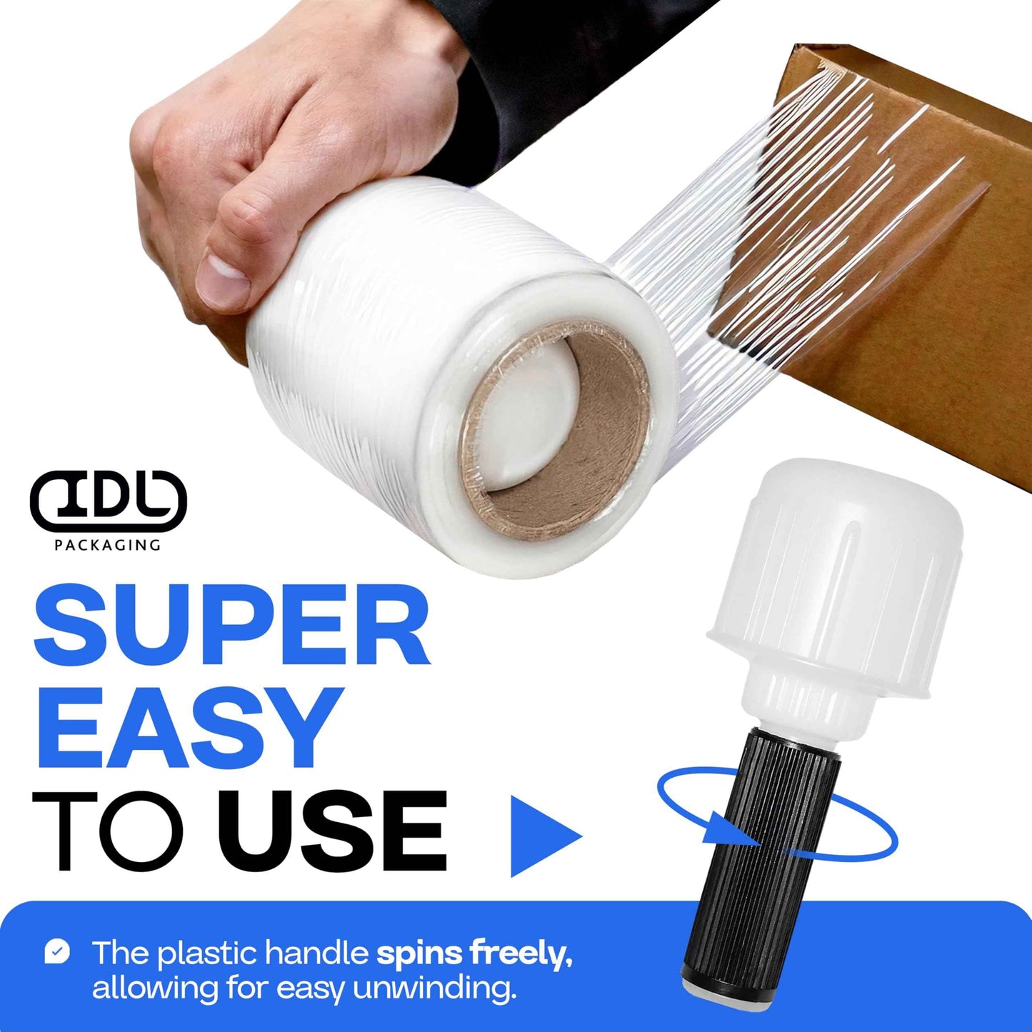IDL Packaging 3"x 1000' Stretch Wrap Mini Roll of 80 Gauge (4 Rolls) with Plastic Handle - Extra Sticky Clear Plastic Wrap Film - Great for Moving and Office Needs - Self-Adhesive Wrap Packaging