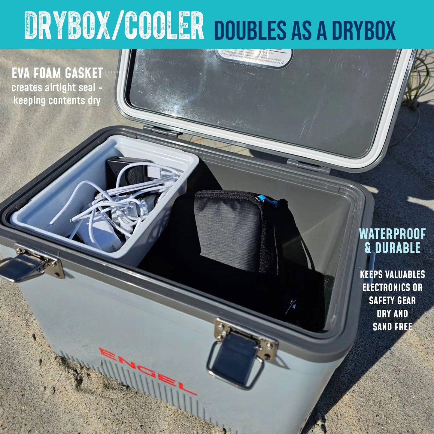 Engel UC7 7.5qt Leak-Proof, Air Tight, Drybox Cooler and Small Hard Shell Lunchbox for Men and Women in Black with Blue Interior