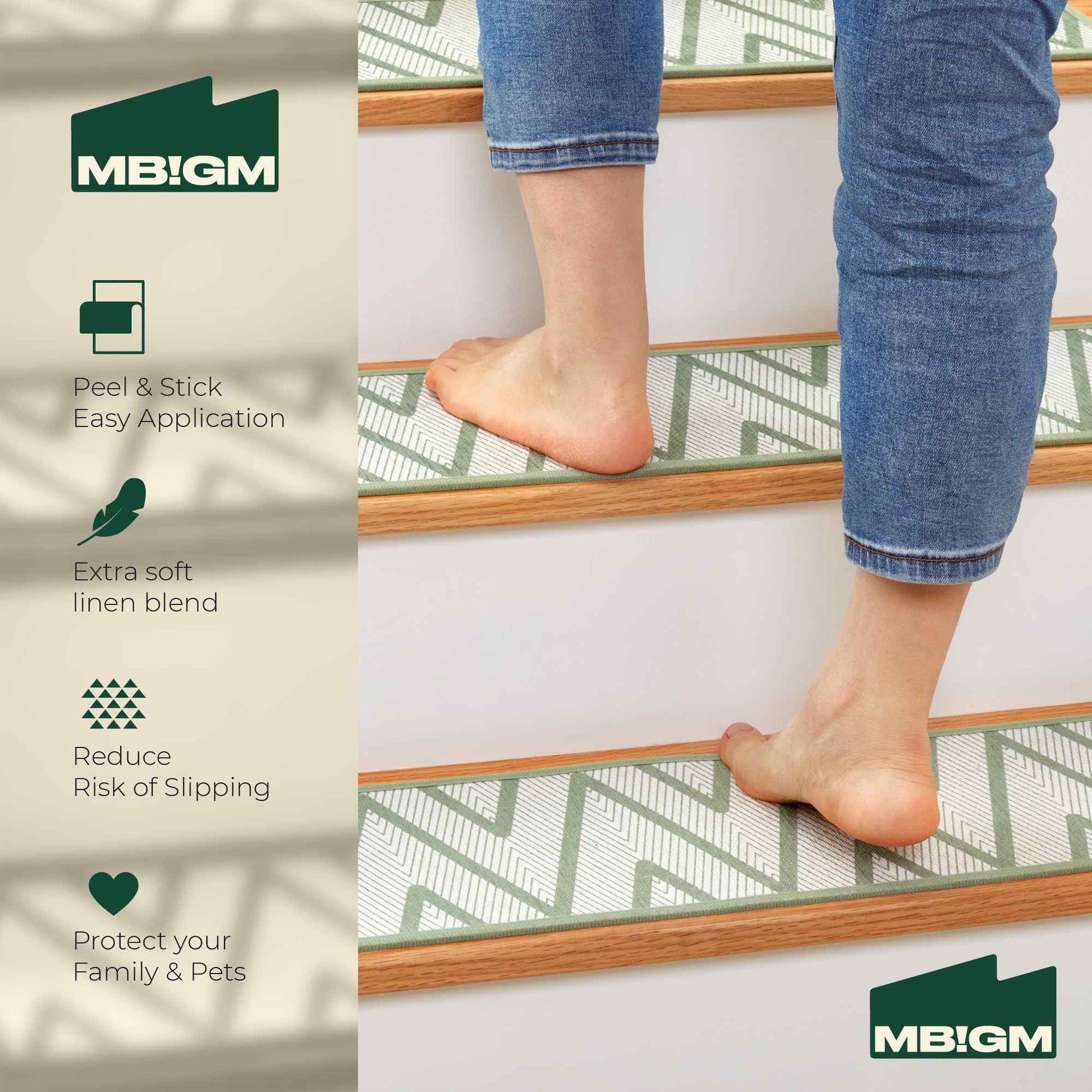 MBIGM 8" X 30" (15 in Pack) Non-Slip Carpet Stair Treads Non-Skid Safety Rug Slip Resistant Indoor Runner for Kids Elders & Pets with Reusable Adhesive - Ripple Green