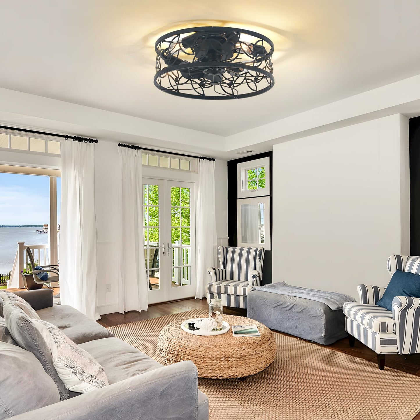 Garwarm 18in Caged Ceiling Fan with Light,Rustic Farmhouse Ceiling Fans with Lights and Remote,Bladeless Black Fandelier Ceiling Fan,Small Flush Mount Ceiling Fan for Kitchen, Bedroom（6 Speed, Timing）