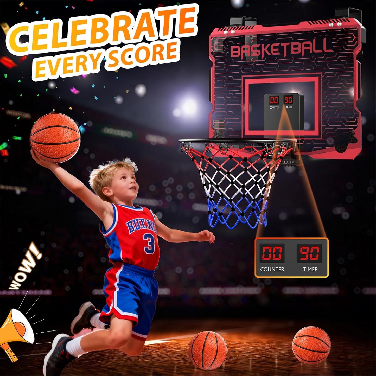 Skiennix Indoor Mini Basketball Hoop - Over The Door Design with LED Lights & Sound Effects | Includes 3 Balls, Perfect Sports Gift for Kids Ages 6-12
