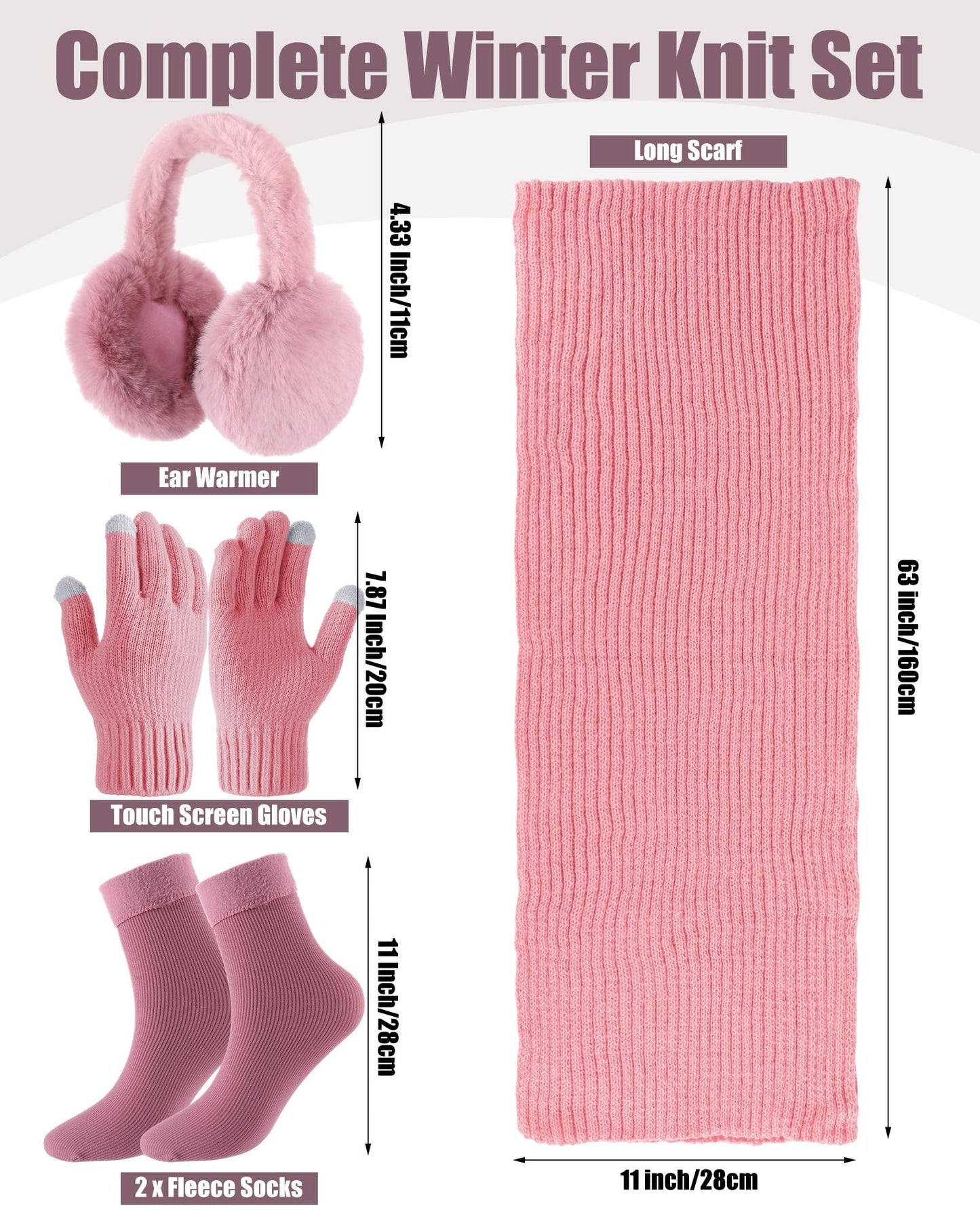Geyoga 6 Pcs Winter Knit Set with Knit Beanie Hat Long Scarf Touchscreen Gloves Foldable Earmuff Fleece Socks for Women(Pink,Minimalist Style)